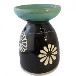 Ceramic Aroma Burner - 4.75" Black and Teal Diffuser with Cream Daisy Design