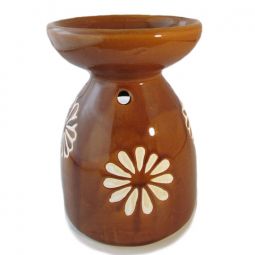 Ceramic Aroma Burner - 4.75" Brown Diffuser with Cream Daisy Design
