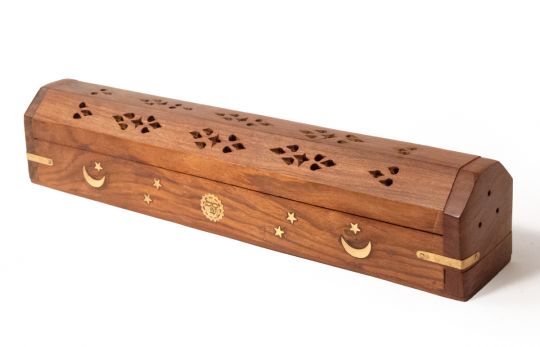 Wooden Coffin Insence Stick Cones Burner Incense Sticks Holder Box & Ash Catcher 