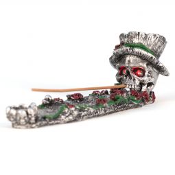 Skull Ash Catcher with Top Hat, Roses and LED Eyes - Incense Burner